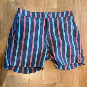 ONIA the calder swim trunks medium grey blue stripes beach vacation flattering